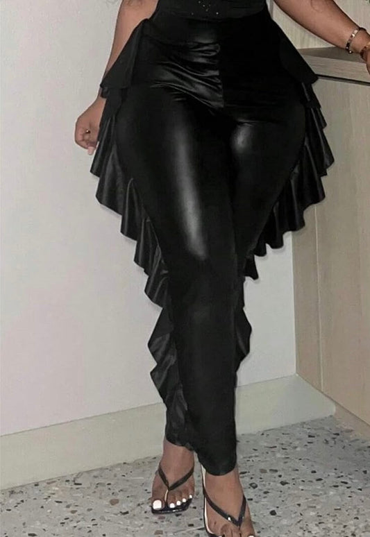 Black Leather Pants with Ruffle Detail