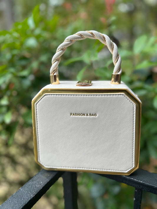 White Mini “Fashion & Bag” Purse with Gold Trim